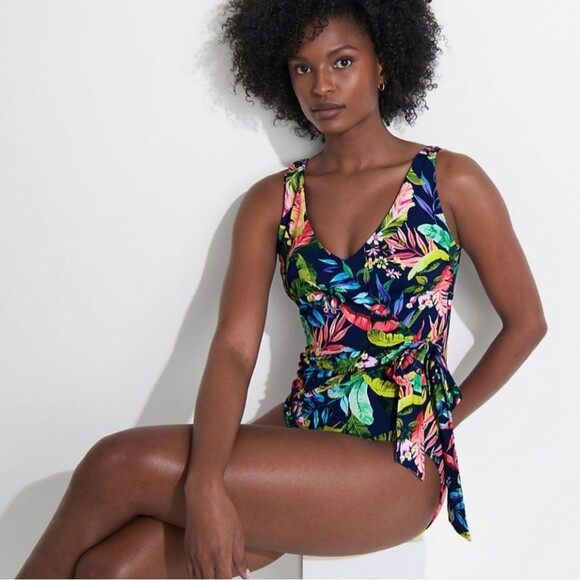 Lands' End NWT Tropical Floral Side Tie Wrap One Piece Swimsuit 8 Blue Multi - Picture 1 of 6